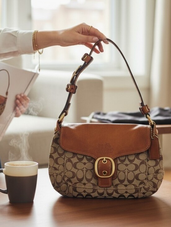 Coach Handbags - Y2K Vintage Coach Bleecker Signature Canvas and Leather Shoulder Bag in Khaki